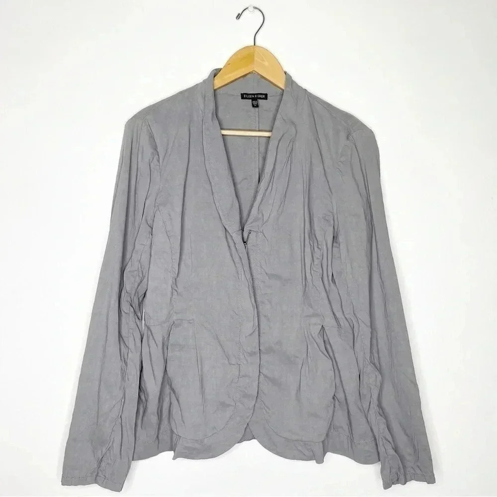Eileen Fisher Linen Viscose Stretch High Collar Peplum Zip Front Jacket Size M